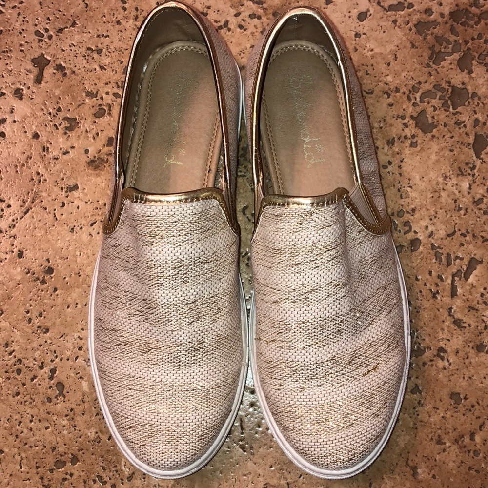 Gold Tan and White SPLENDID Slip Ons